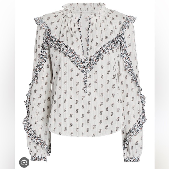 Veronica Beard Floral Ruffle Blouse - White and Blue - Picture 1 of 3